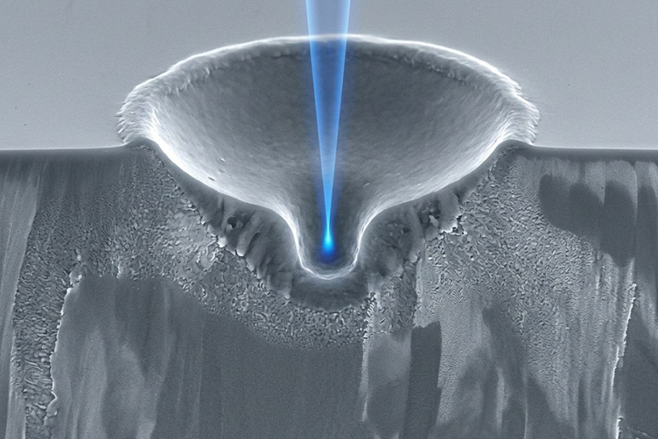 Une seule impulsion de lumière creuse le silicium jusqu’à 1,8 micromètre de profondeur.